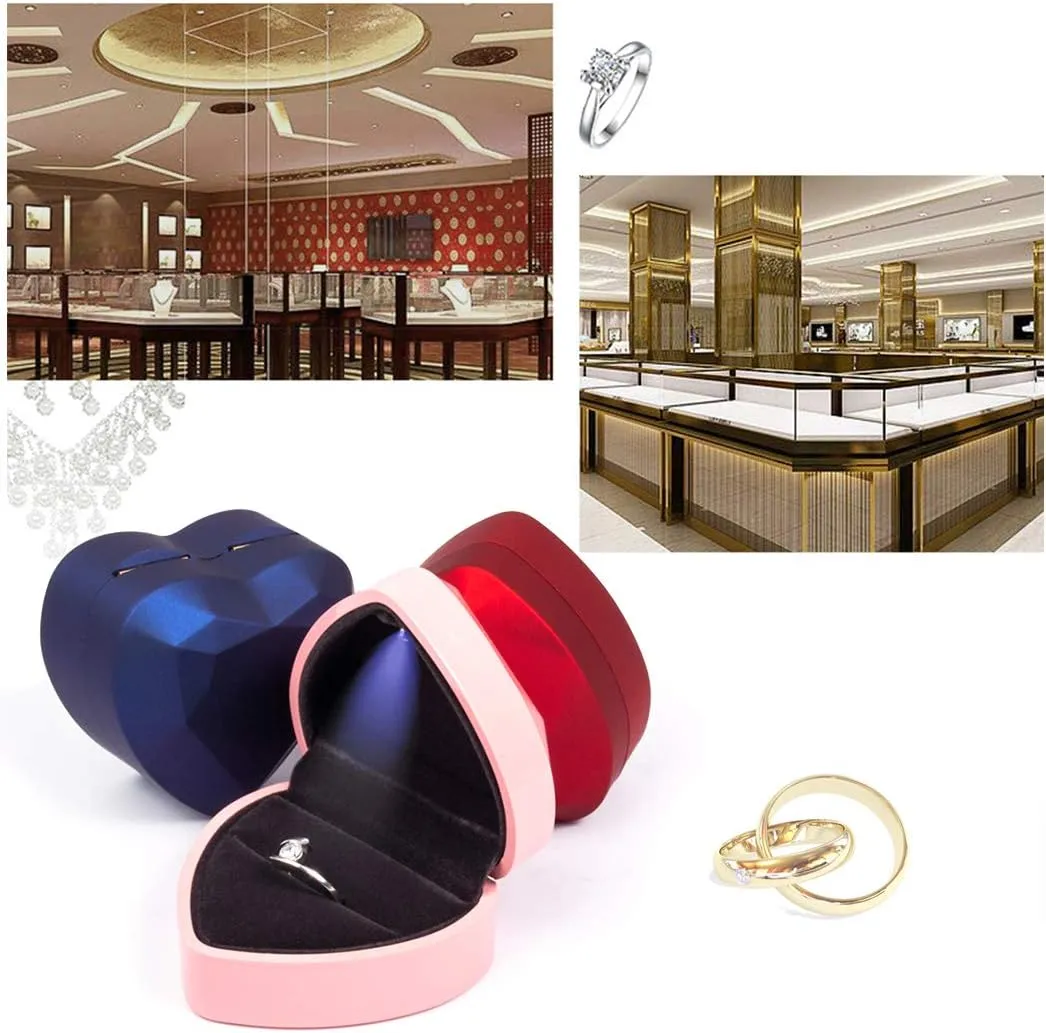 iSuperb Heart Shaped Ring Box LED Light Engagement Ring Boxes Jewelry Gift Box for Proposal Wedding Valentine's Day Anniversary Christmas (Navy Blue)