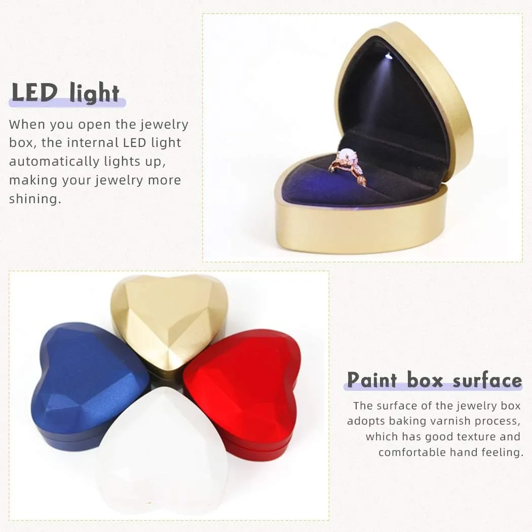 iSuperb Heart Shaped Ring Box LED Light Engagement Ring Boxes Jewelry Gift Box for Proposal Wedding Valentine's Day Anniversary Christmas (Navy Blue)