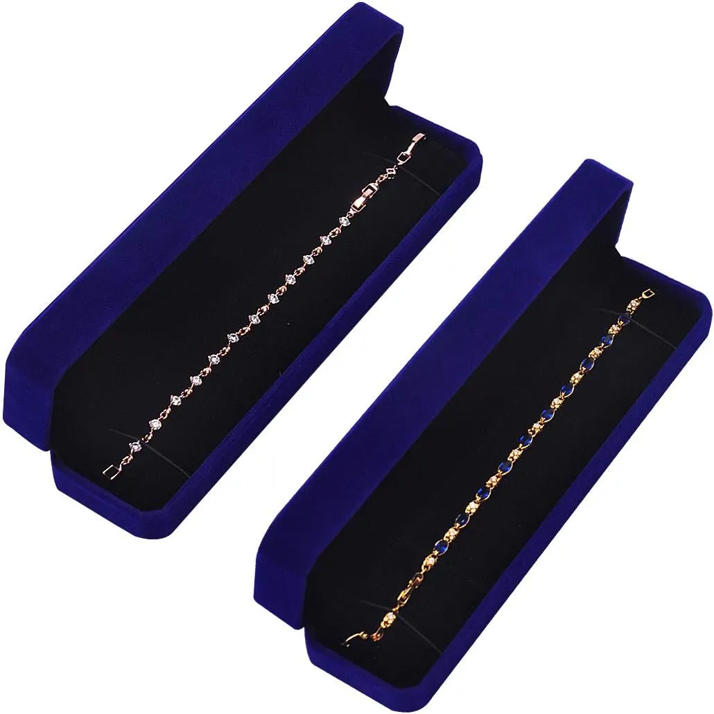iSuperb Set of 2 Blue Velvet Necklace Chain Bracelet Display Case Storage Jewelry Gift Box 8.7x1.6x2inch