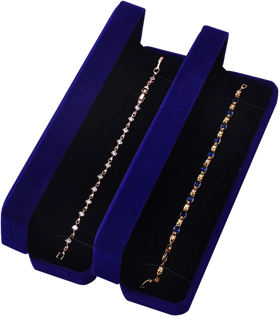 iSuperb Set of 2 Blue Velvet Necklace Chain Bracelet Display Case Storage Jewelry Gift Box 8.7x1.6x2inch
