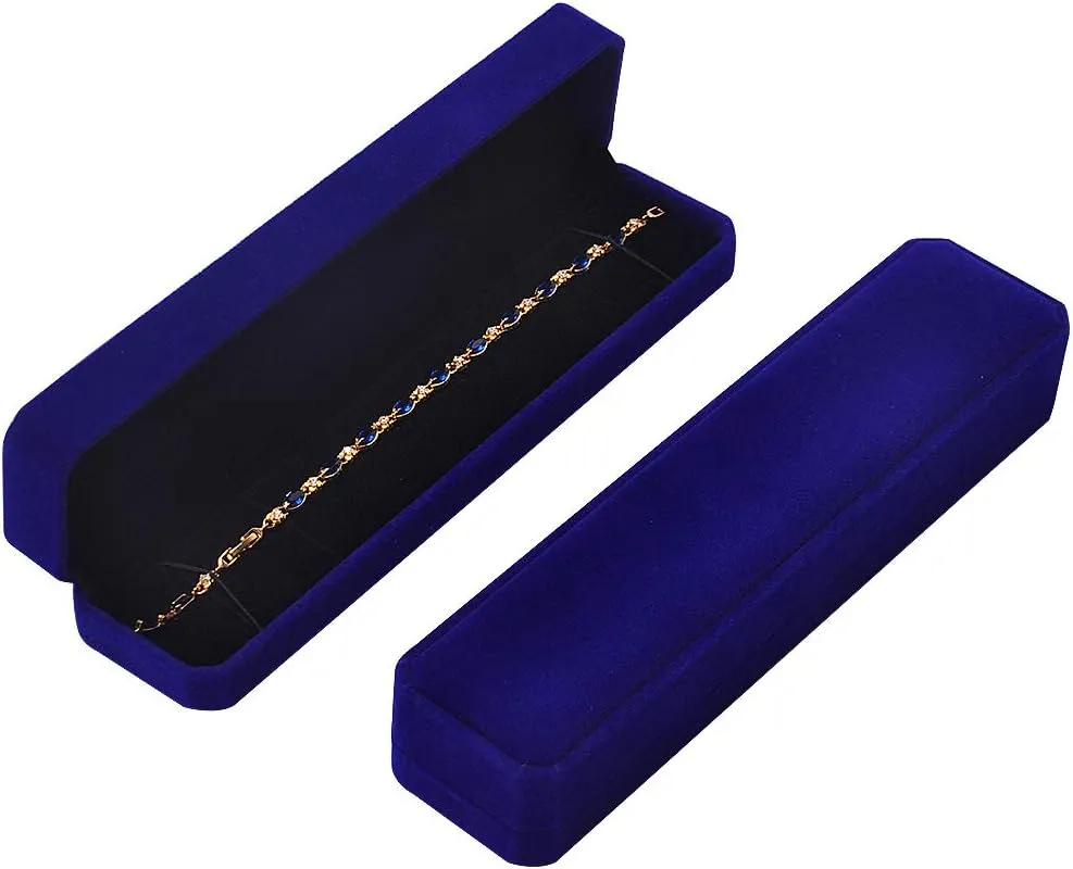 iSuperb Set of 2 Blue Velvet Necklace Chain Bracelet Display Case Storage Jewelry Gift Box 8.7x1.6x2inch