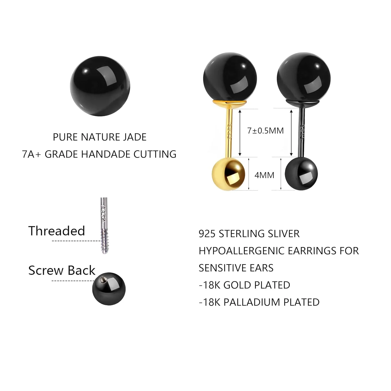 Jade Earrings for Women, Screw Back Removal-free Safe 925 Sterling Silver Stud Earrings for Sensitive Ears, Cute Dual-Sided Wear Earrings Studs Jewelry Gift for Women Girls