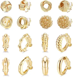JeryWe 8 Pairs 14K Gold Clip On Earrings for Women Fashion Clip On Earrings Gold Silver Chunky Hoop Earrings No Piercing Fake Earrings for Teen Gift Hypoallergenic