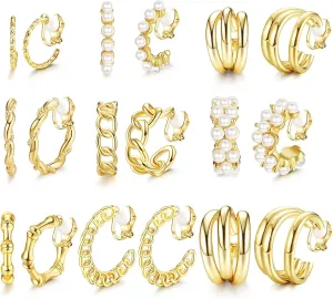 JeryWe 9 Pairs 14K Gold Clip On Earrings for Women Fashion Clip On Hoop Earrings Chunky Gold Hoop Earrings No Piercing Fake Earrings Set