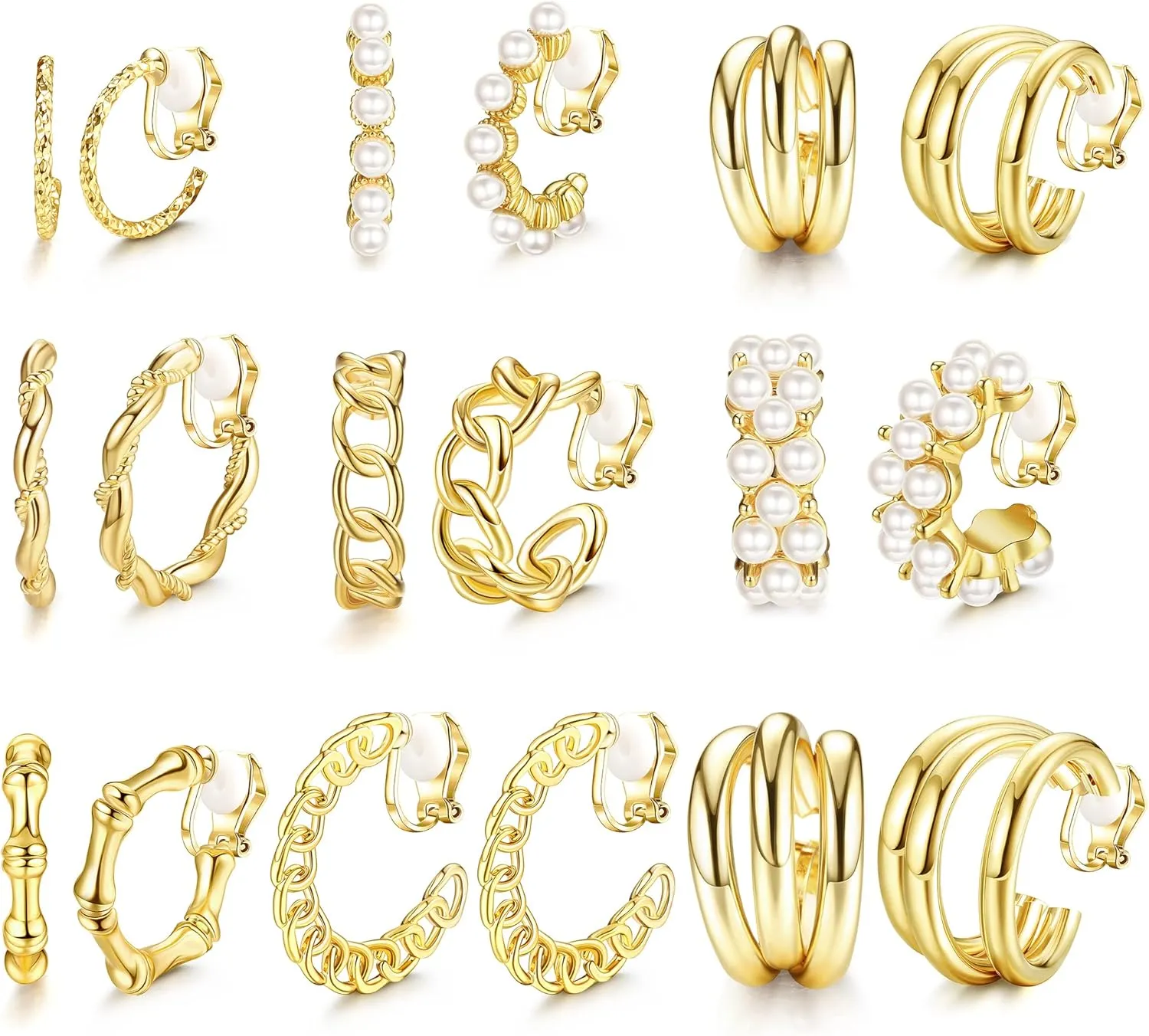 JeryWe 9 Pairs 14K Gold Clip On Earrings for Women Fashion Clip On Hoop Earrings Chunky Gold Hoop Earrings No Piercing Fake Earrings Set