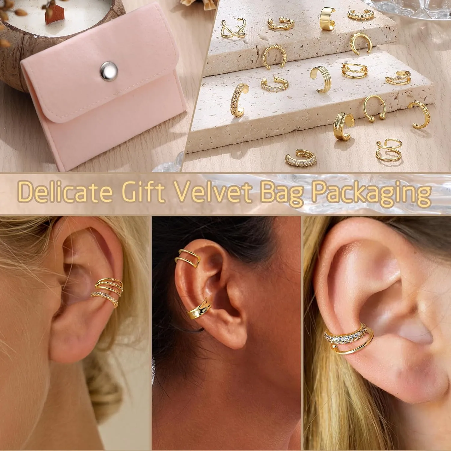 JeryWe 9/12/16 Pcs Gold Ear Cuffs for Women Non Piercing Jewelry 14k Gold Plated Adjustable/Chunky Hollow 4-7MM Ear Cuff Lightweight Trendy Thick Gold Jewelry Non-tarnish Clip on Cartilage Earrings