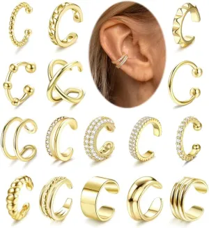 JeryWe 9/12/16 Pcs Gold Ear Cuffs for Women Non Piercing Jewelry 14k Gold Plated Adjustable/Chunky Hollow 4-7MM Ear Cuff Lightweight Trendy Thick Gold Jewelry Non-tarnish Clip on Cartilage Earrings