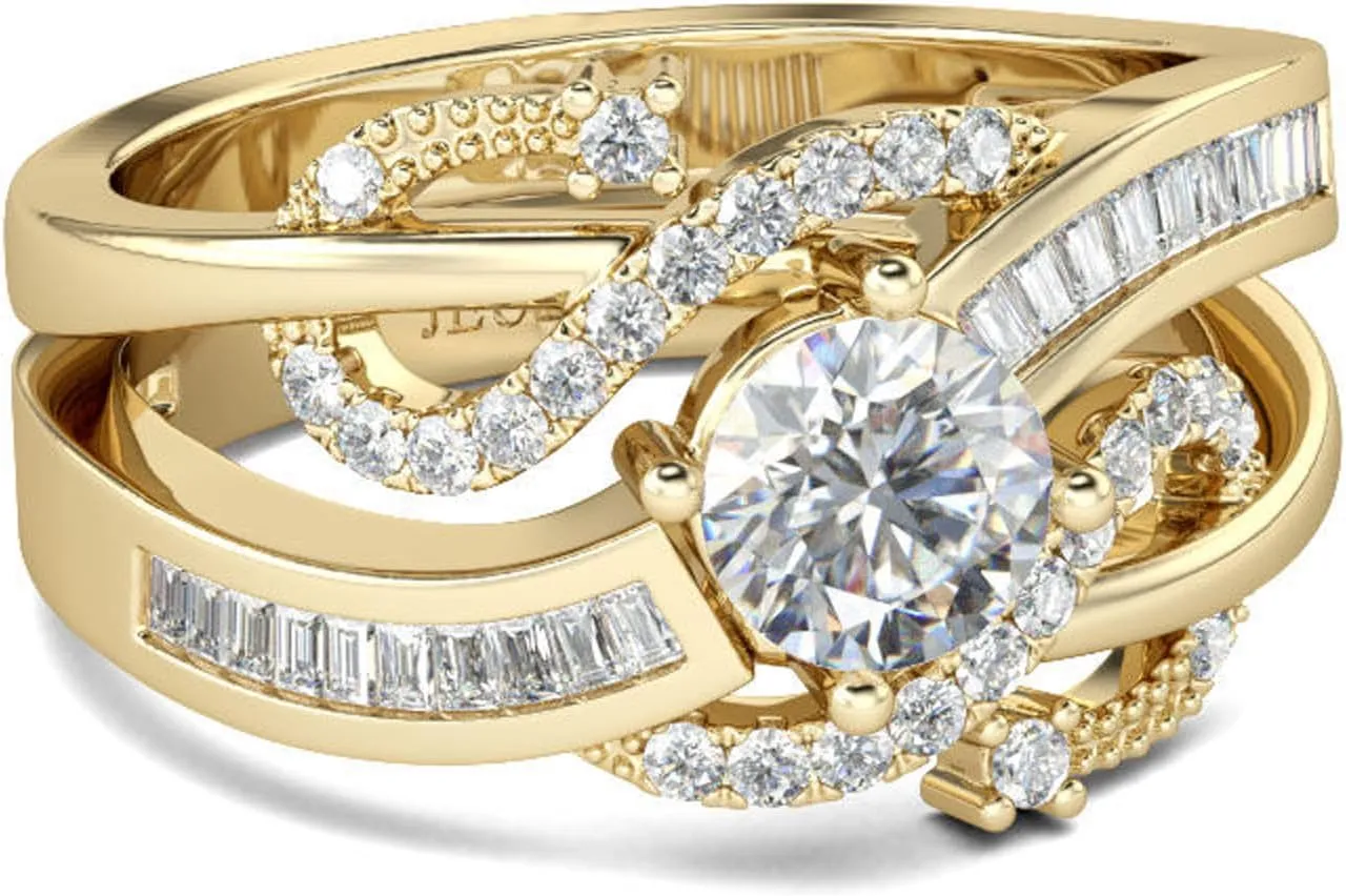Jeulia Women 1.5 ct 14K Gold Plated Wedding Ring Set 925 Sterling Silver Gone Tone Engagement Rings Round Cut Cubic Zirconia Twist Band Ring Anniversary Promise For Her