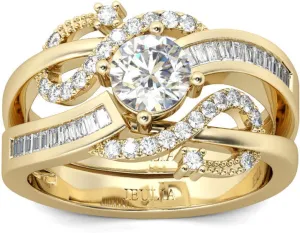 Jeulia Women 1.5 ct 14K Gold Plated Wedding Ring Set 925 Sterling Silver Gone Tone Engagement Rings Round Cut Cubic Zirconia Twist Band Ring Anniversary Promise For Her