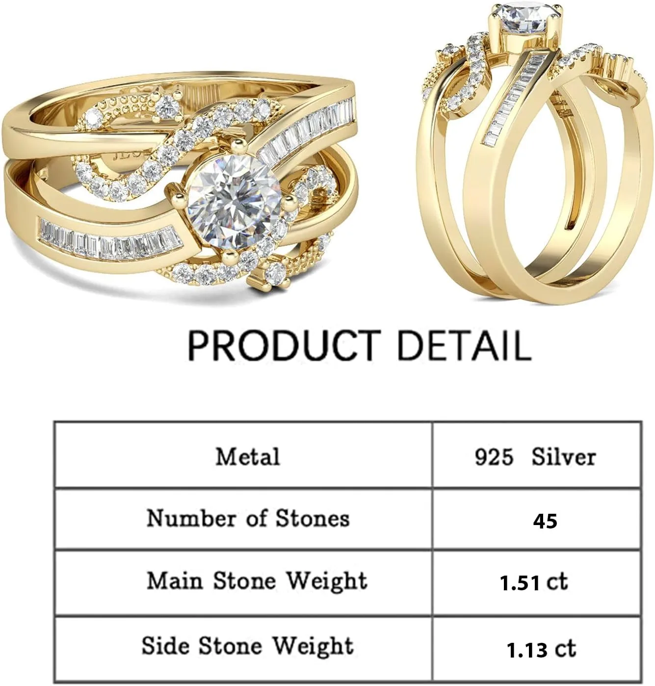 Jeulia Women 1.5 ct 14K Gold Plated Wedding Ring Set 925 Sterling Silver Gone Tone Engagement Rings Round Cut Cubic Zirconia Twist Band Ring Anniversary Promise For Her