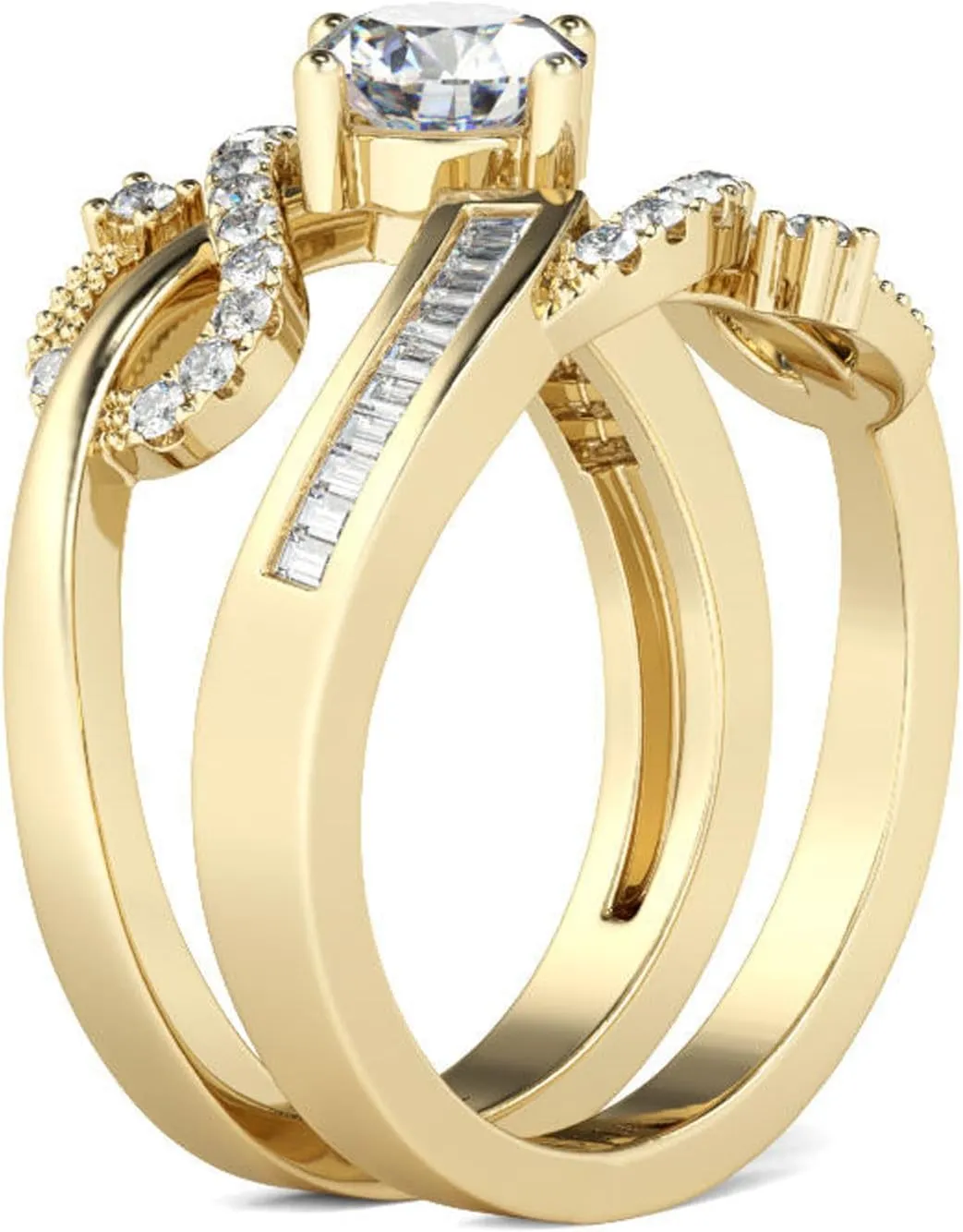 Jeulia Women 1.5 ct 14K Gold Plated Wedding Ring Set 925 Sterling Silver Gone Tone Engagement Rings Round Cut Cubic Zirconia Twist Band Ring Anniversary Promise For Her