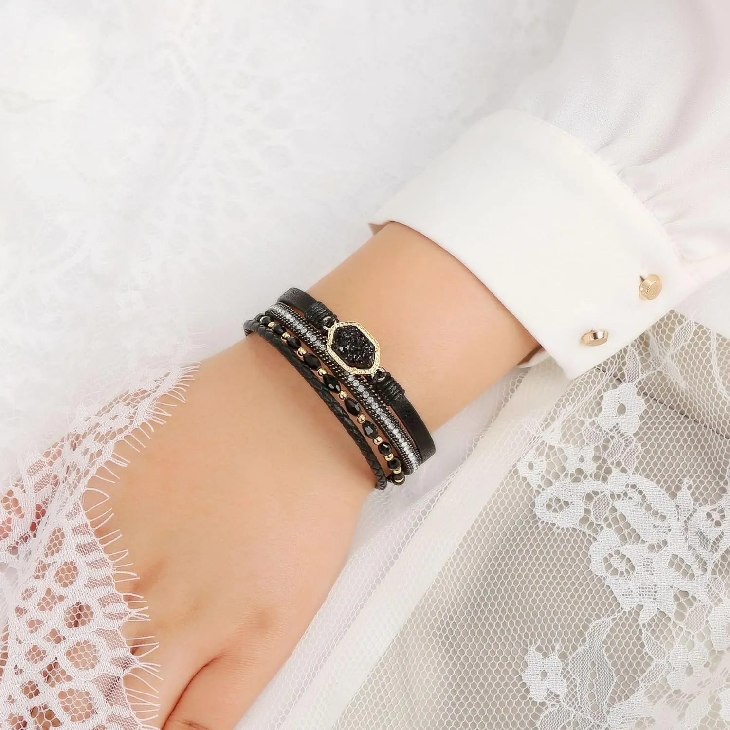 Jewbelet Leather Wrap Bracelet Boho Cuff Bracelets Crystal Bead Crystal Bracelet with Clasp Jewelry Gifts for Women