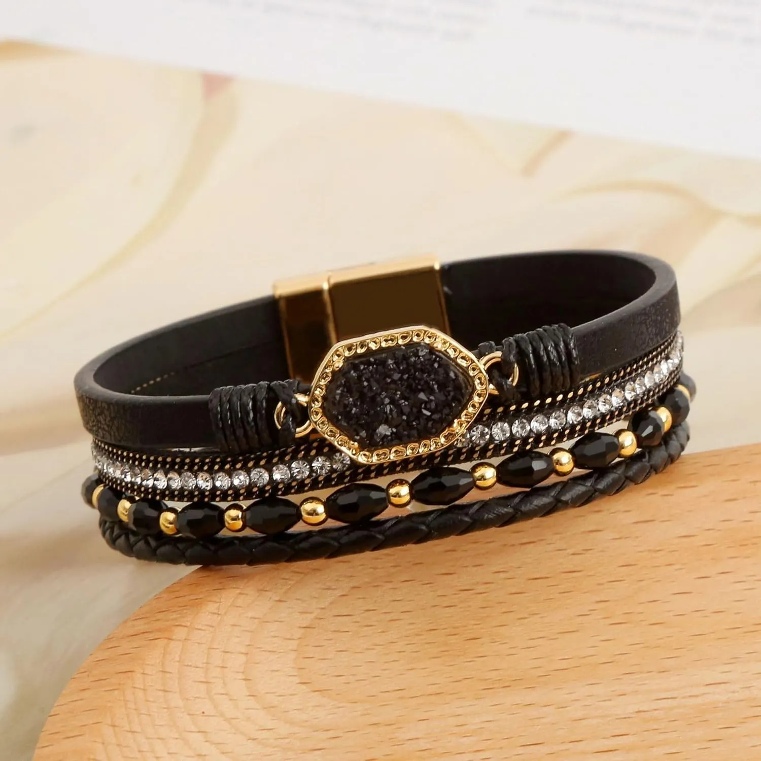 Jewbelet Leather Wrap Bracelet Boho Cuff Bracelets Crystal Bead Crystal Bracelet with Clasp Jewelry Gifts for Women