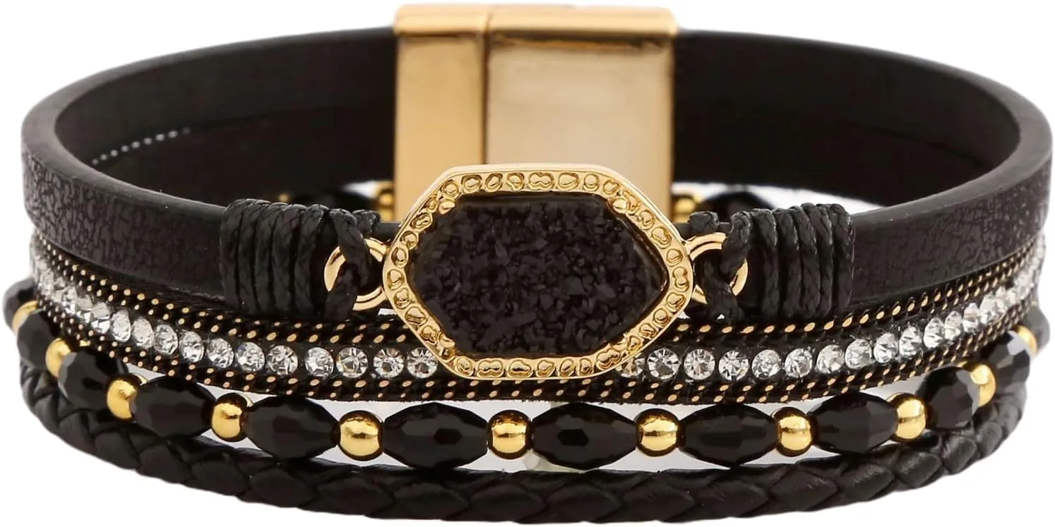 Jewbelet Leather Wrap Bracelet Boho Cuff Bracelets Crystal Bead Crystal Bracelet with Clasp Jewelry Gifts for Women