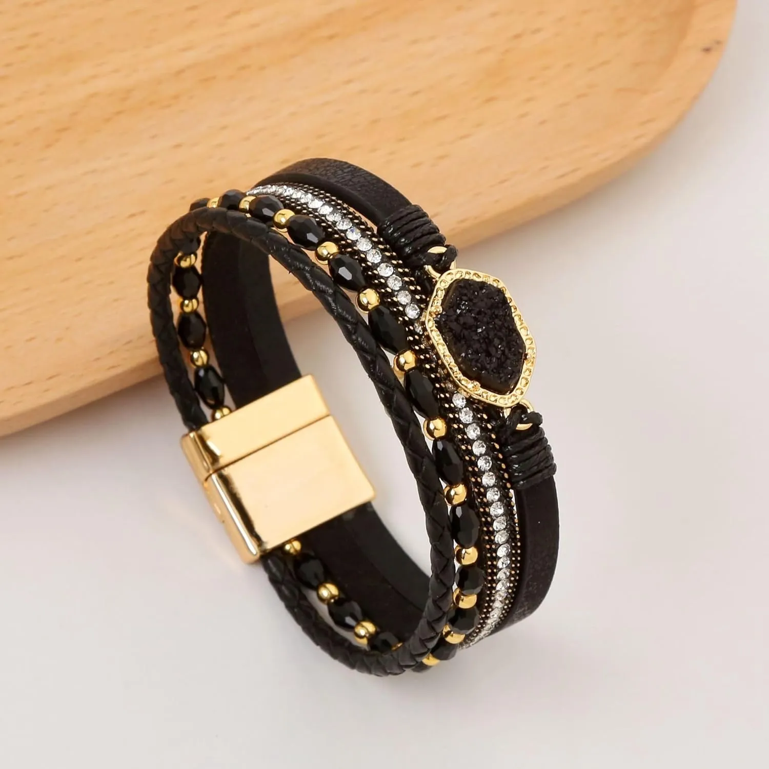 Jewbelet Leather Wrap Bracelet Boho Cuff Bracelets Crystal Bead Crystal Bracelet with Clasp Jewelry Gifts for Women