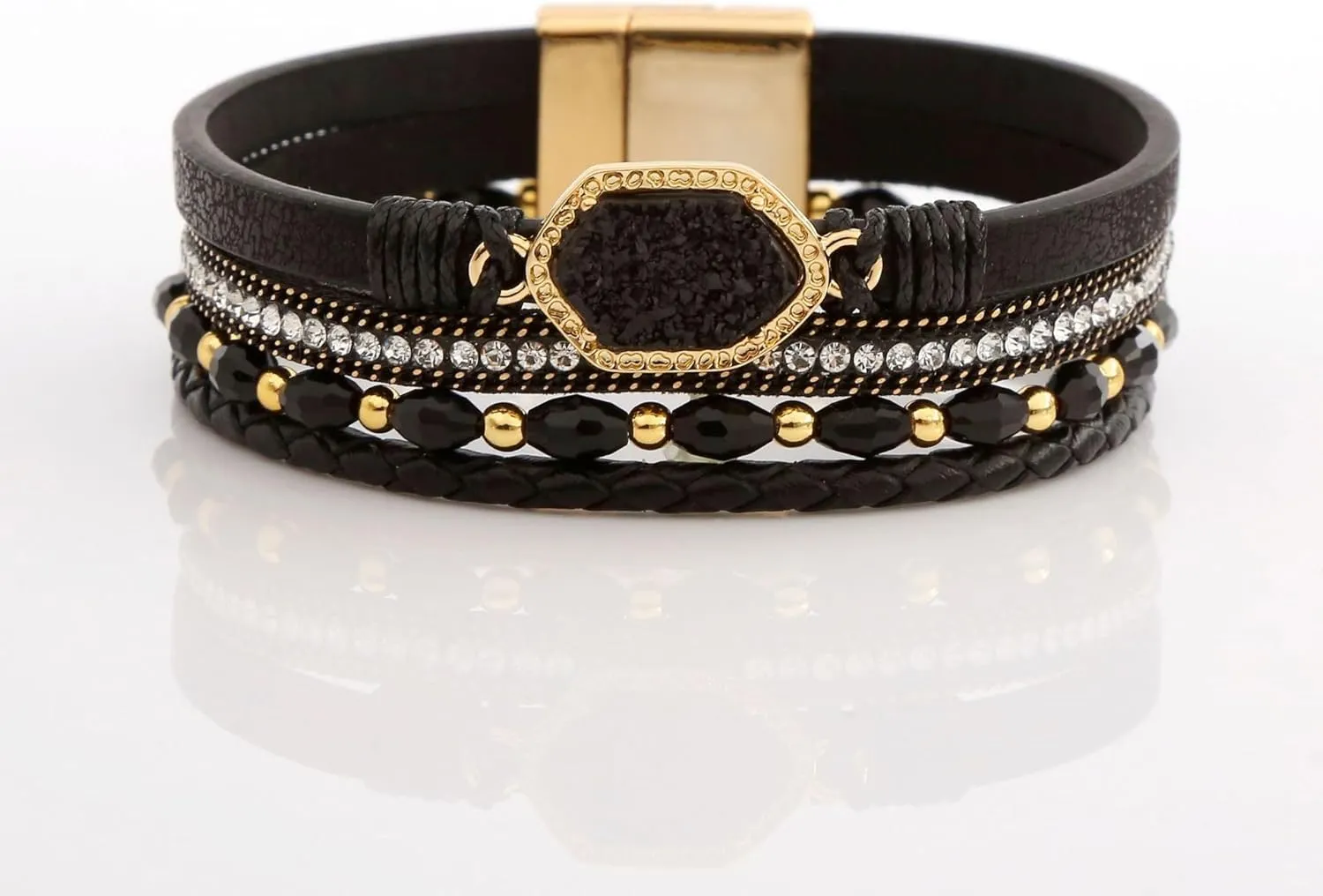 Jewbelet Leather Wrap Bracelet Boho Cuff Bracelets Crystal Bead Crystal Bracelet with Clasp Jewelry Gifts for Women