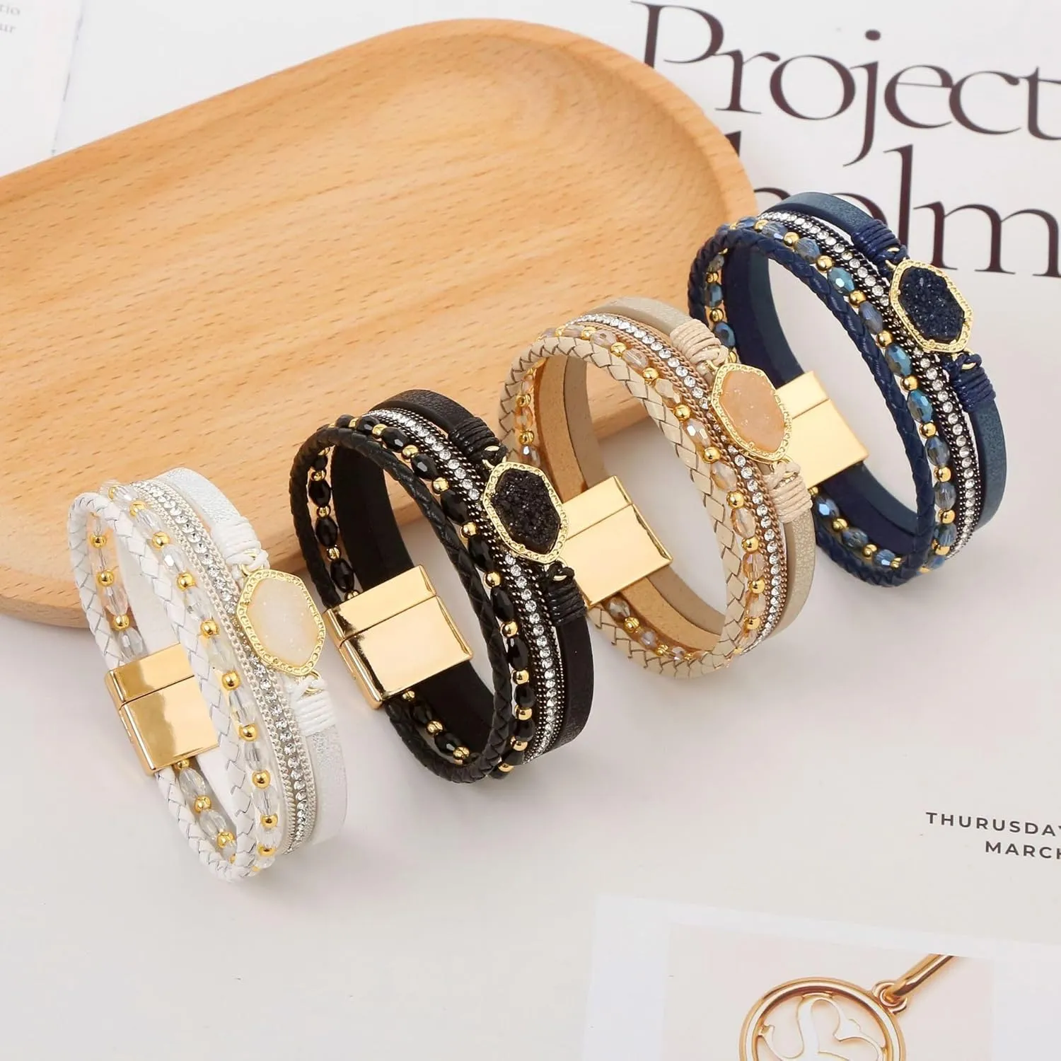 Jewbelet Leather Wrap Bracelet Boho Cuff Bracelets Crystal Bead Crystal Bracelet with Clasp Jewelry Gifts for Women