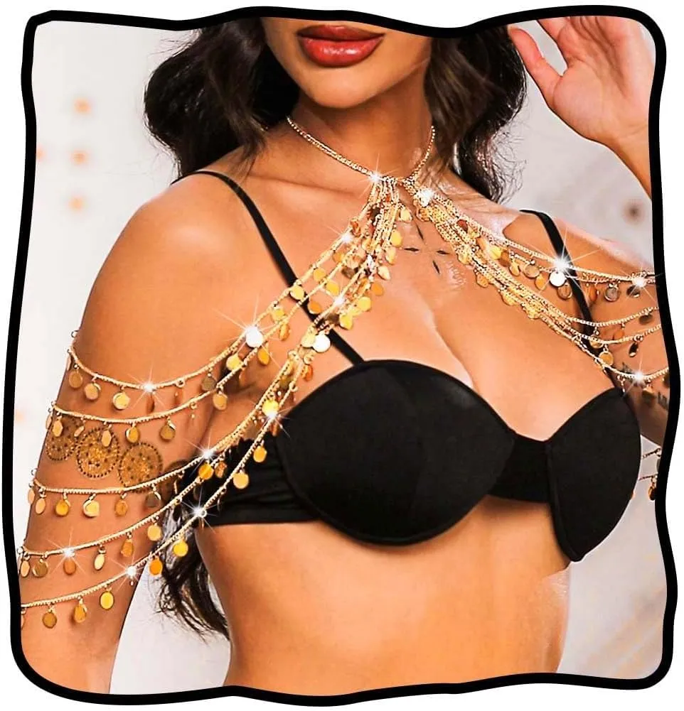 JEWEKY Boho Sequin Body Chain Gold Layered Shoulder Chain Rave Club Body Jewelry for Women