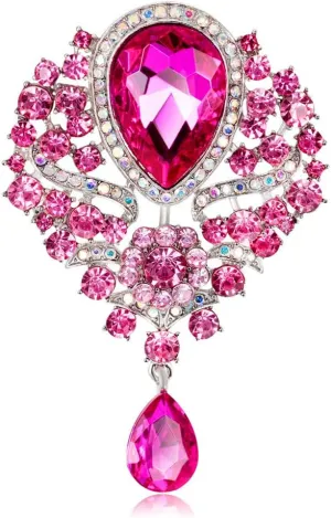 JewelBeauty Women's Crystal Silver-Tone Bouquet Flower Teardrop Large Gorgeous Bouquet Brooch Pin (pink)