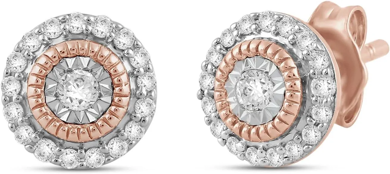 Jewelili 14K Rose Gold Over Sterling Silver 1/4 Cttw Natural White Round Diamond Stud Earrings