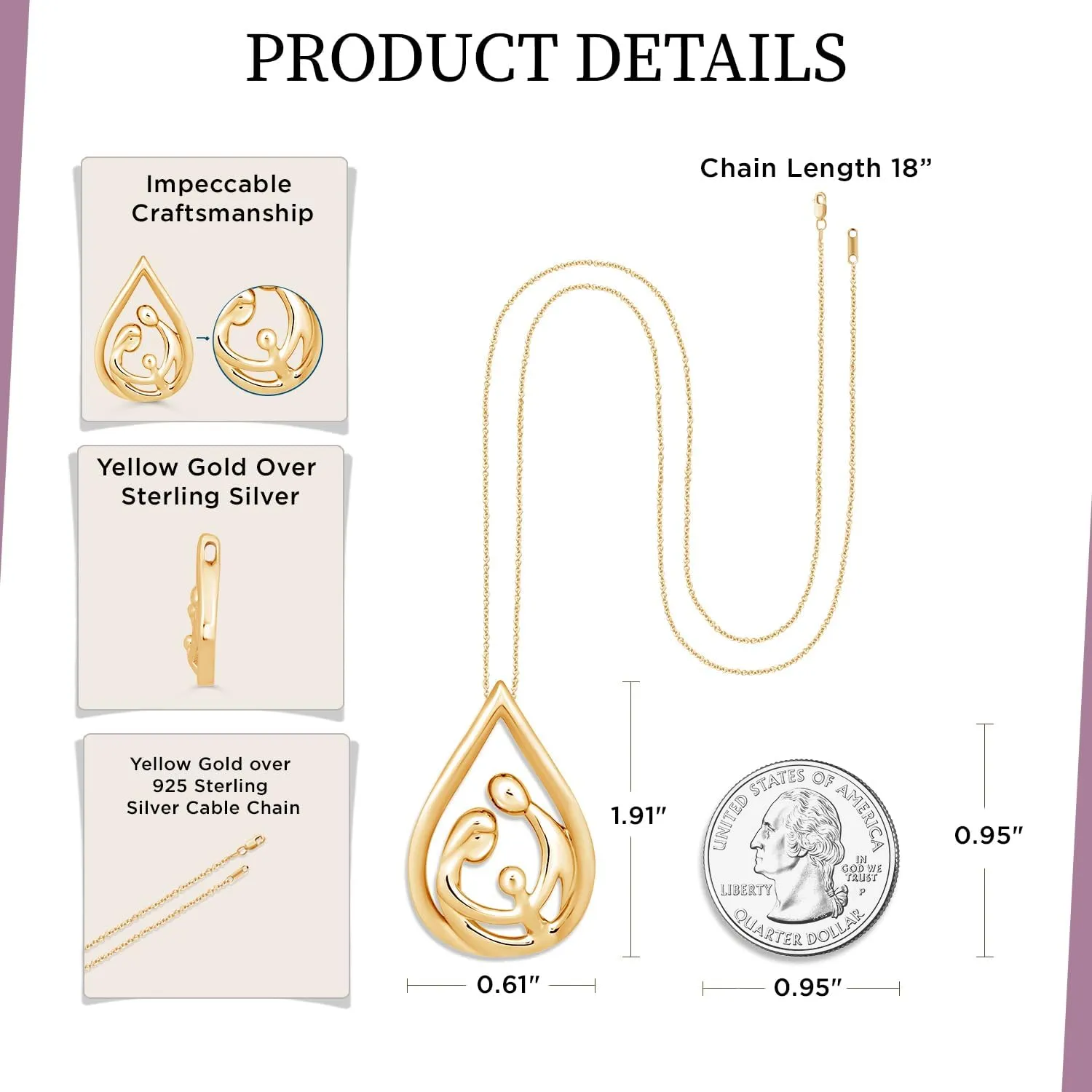 Jewelili Parent and Child Family Necklace Pendant in Sterling Silver or Rose or Yellow Gold over Silver 18" Cable Chain