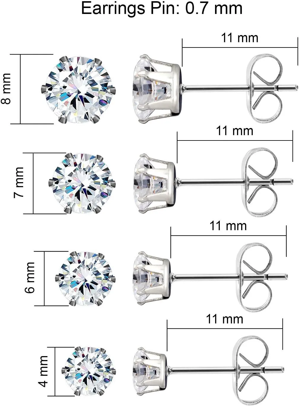 JEWELRIESHOP Earrings for Women Studs Set Stainless Steel CZ Earing Hypoallergenic Multiple Piercing Ear Stud (5 Pairs, 3-7mm Black CZ, Black Post, 6 Prong)
