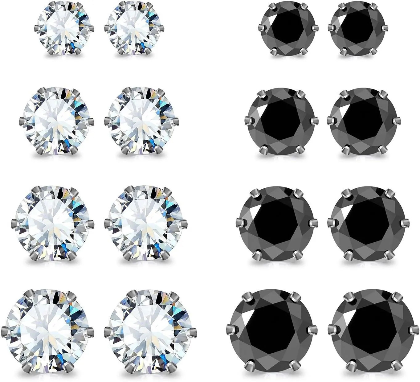 JEWELRIESHOP Earrings for Women Studs Set Stainless Steel CZ Earing Hypoallergenic Multiple Piercing Ear Stud (5 Pairs, 3-7mm Black CZ, Black Post, 6 Prong)