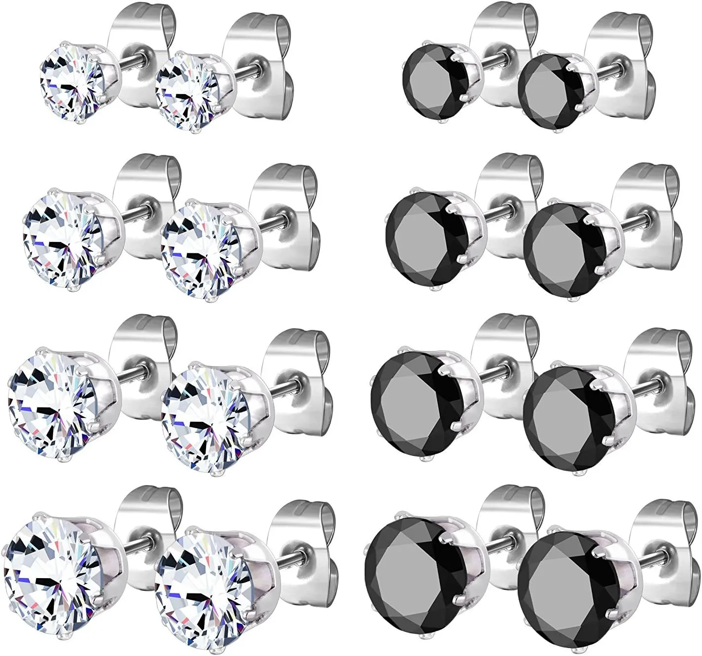 JEWELRIESHOP Earrings for Women Studs Set Stainless Steel CZ Earing Hypoallergenic Multiple Piercing Ear Stud (5 Pairs, 3-7mm Black CZ, Black Post, 6 Prong)