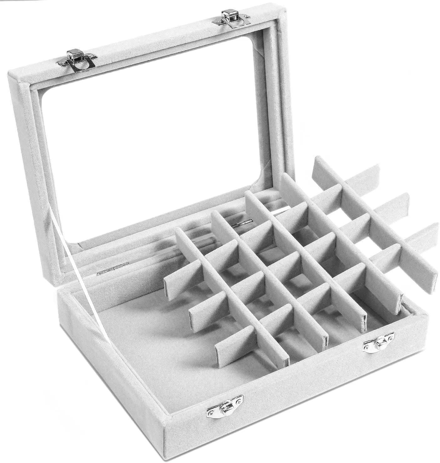 Jewelry Box 24 Grid Velvet Earrings Holder Tray Detachable Earring Case Jewelry Showcase for Drawers Glass Clear Lid Organizer Jewelry Display Storage Ring Trays (Gray)