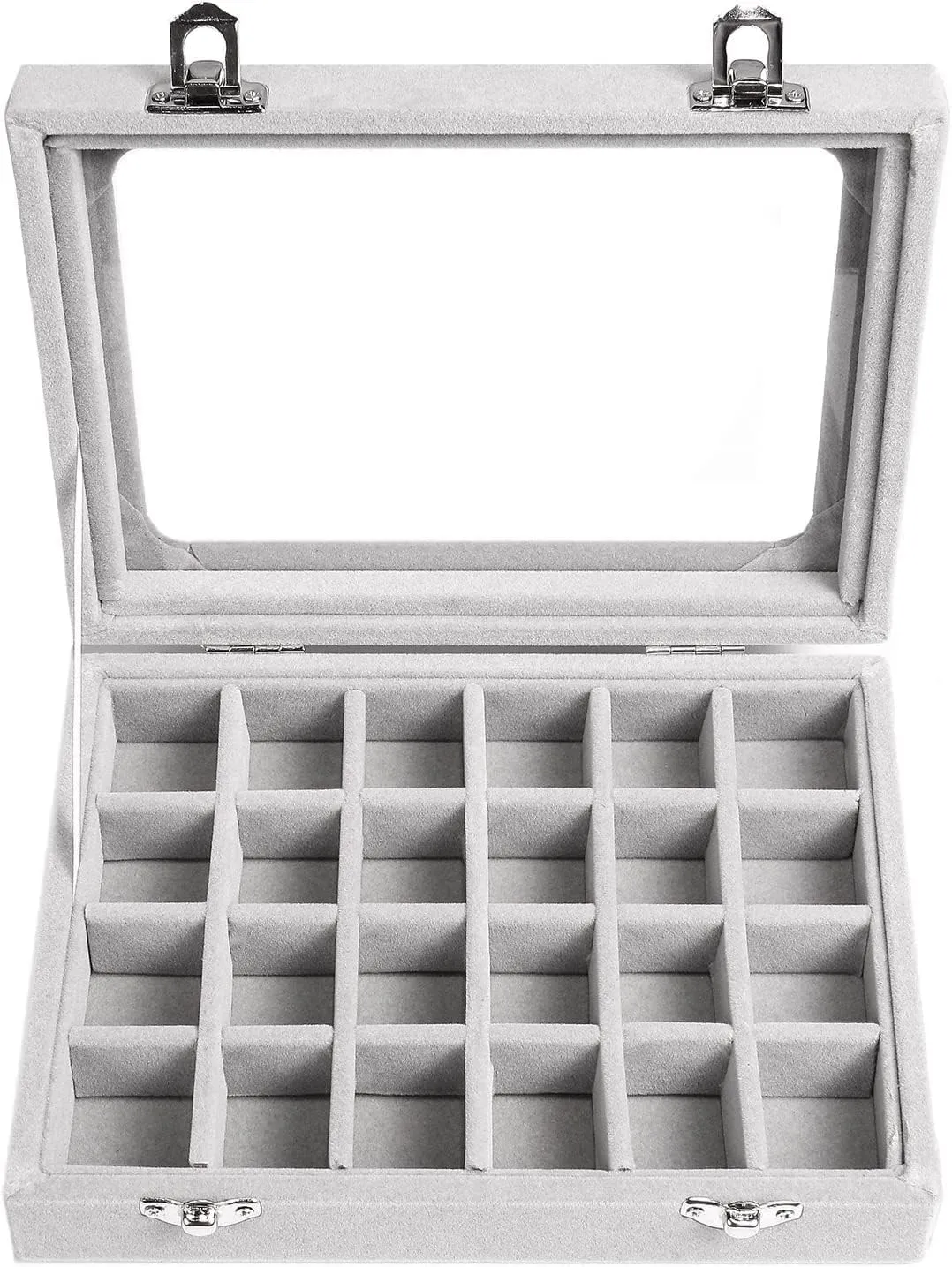 Jewelry Box 24 Grid Velvet Earrings Holder Tray Detachable Earring Case Jewelry Showcase for Drawers Glass Clear Lid Organizer Jewelry Display Storage Ring Trays (Gray)