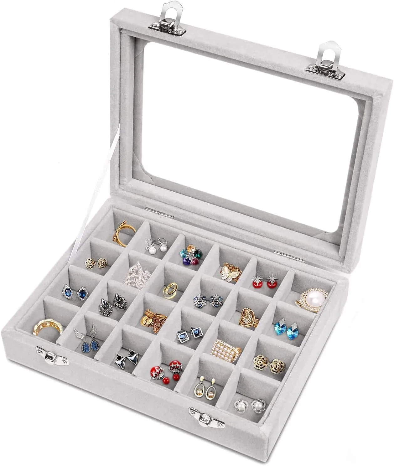 Jewelry Box 24 Grid Velvet Earrings Holder Tray Detachable Earring Case Jewelry Showcase for Drawers Glass Clear Lid Organizer Jewelry Display Storage Ring Trays (Gray)