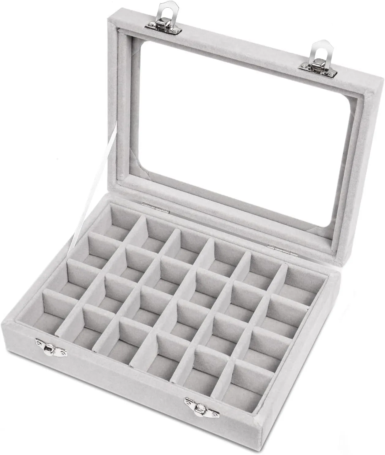 Jewelry Box 24 Grid Velvet Earrings Holder Tray Detachable Earring Case Jewelry Showcase for Drawers Glass Clear Lid Organizer Jewelry Display Storage Ring Trays (Gray)