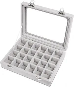Jewelry Box 24 Grid Velvet Earrings Holder Tray Detachable Earring Case Jewelry Showcase for Drawers Glass Clear Lid Organizer Jewelry Display Storage Ring Trays (Gray)