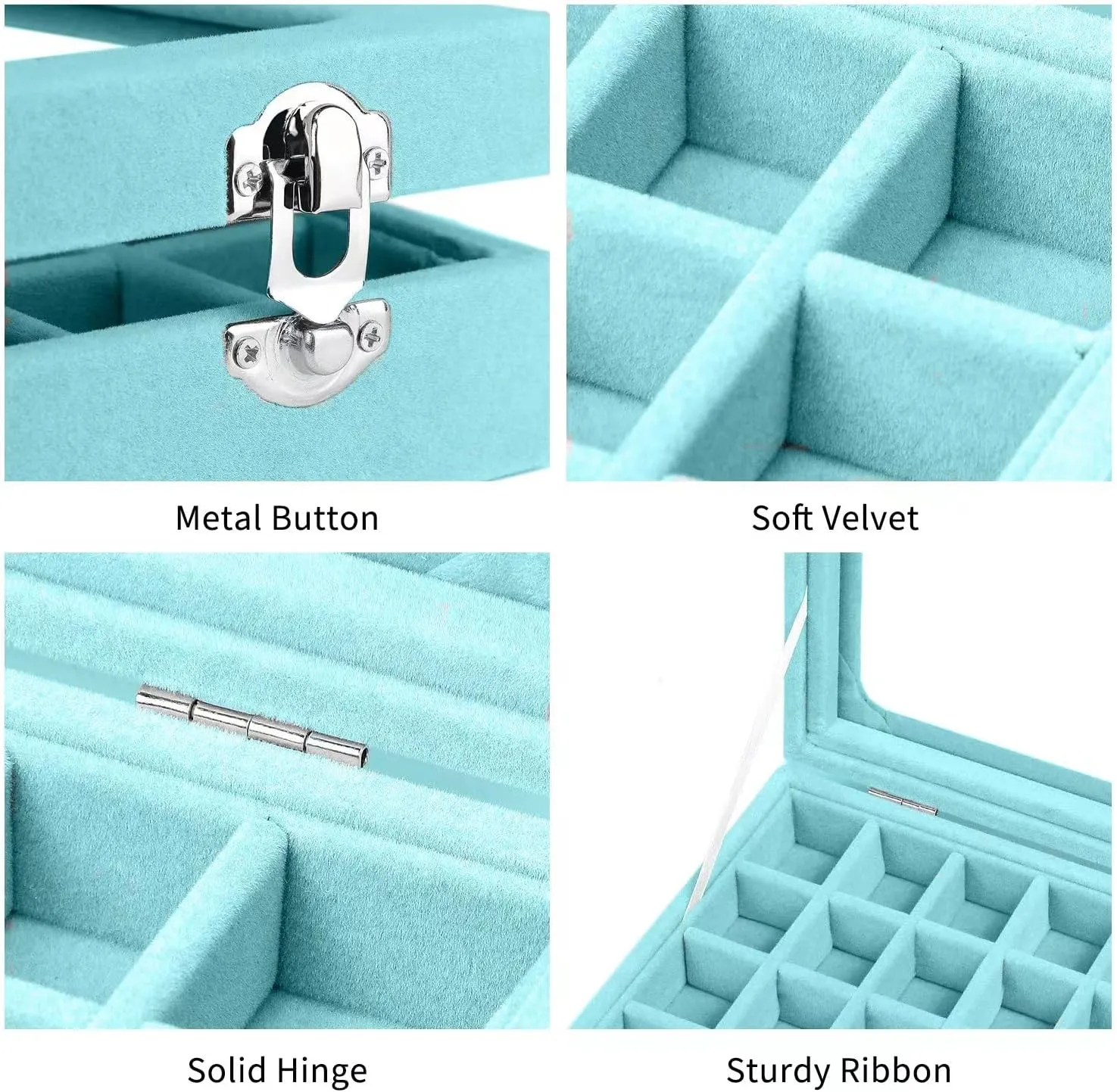 Jewelry Box 24 Grid Velvet Earrings Holder Tray Detachable Earring Case Jewelry Showcase for Drawers Glass Clear Lid Organizer Jewelry Display Storage Ring Trays (Light blue)