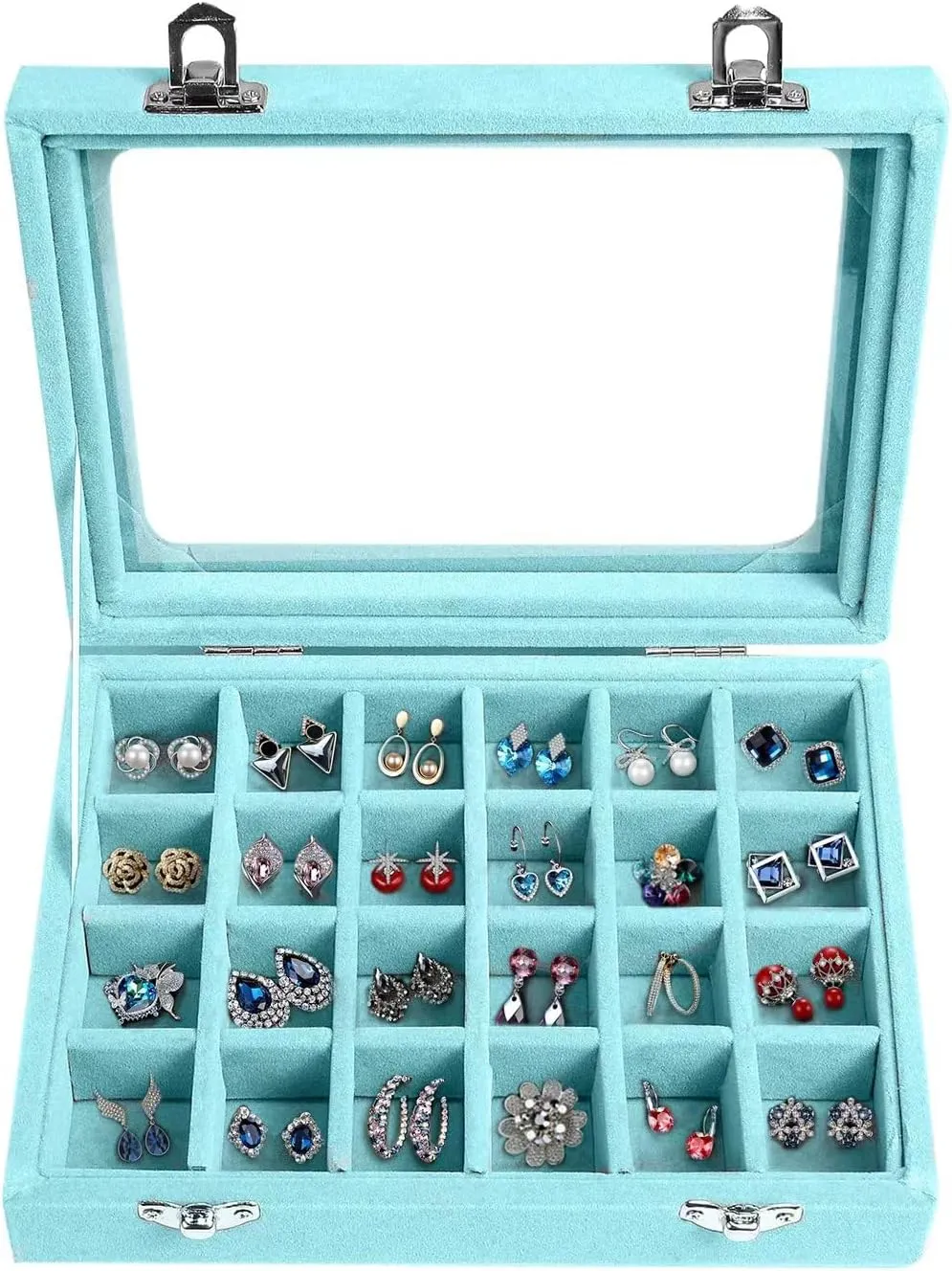 Jewelry Box 24 Grid Velvet Earrings Holder Tray Detachable Earring Case Jewelry Showcase for Drawers Glass Clear Lid Organizer Jewelry Display Storage Ring Trays (Light blue)