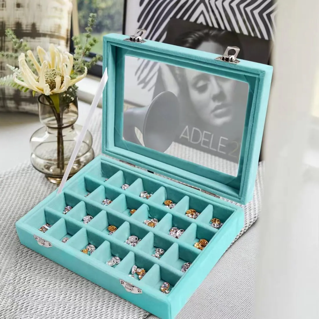 Jewelry Box 24 Grid Velvet Earrings Holder Tray Detachable Earring Case Jewelry Showcase for Drawers Glass Clear Lid Organizer Jewelry Display Storage Ring Trays (Light blue)