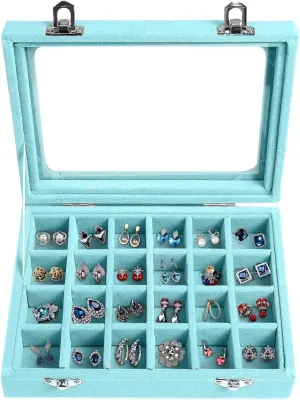 Jewelry Box 24 Grid Velvet Earrings Holder Tray Detachable Earring Case Jewelry Showcase for Drawers Glass Clear Lid Organizer Jewelry Display Storage Ring Trays (Light blue)