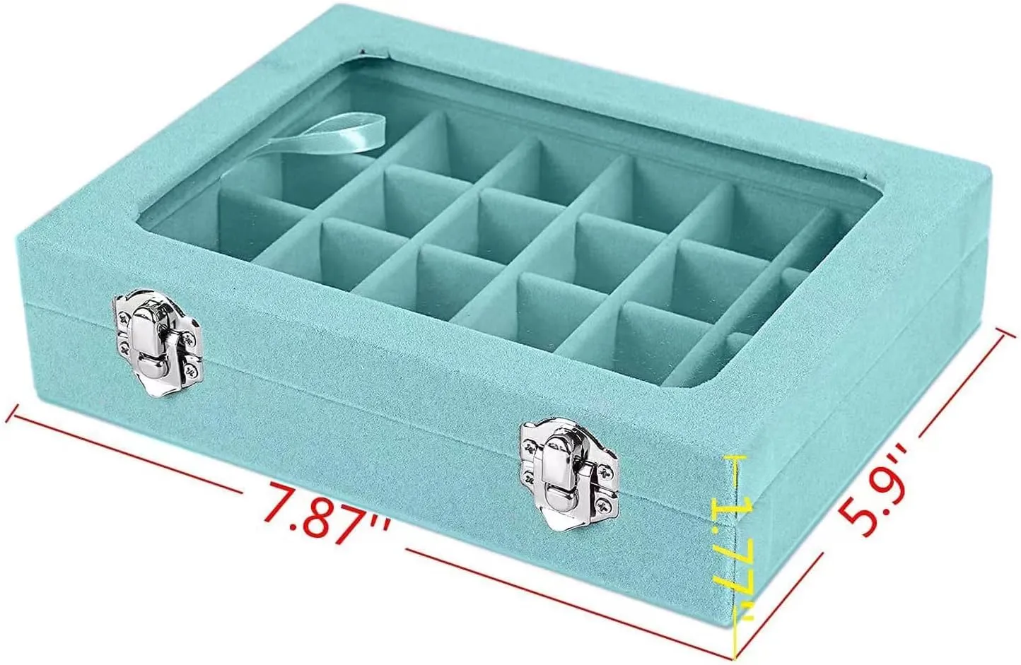 Jewelry Box 24 Grid Velvet Earrings Holder Tray Detachable Earring Case Jewelry Showcase for Drawers Glass Clear Lid Organizer Jewelry Display Storage Ring Trays (Light blue)