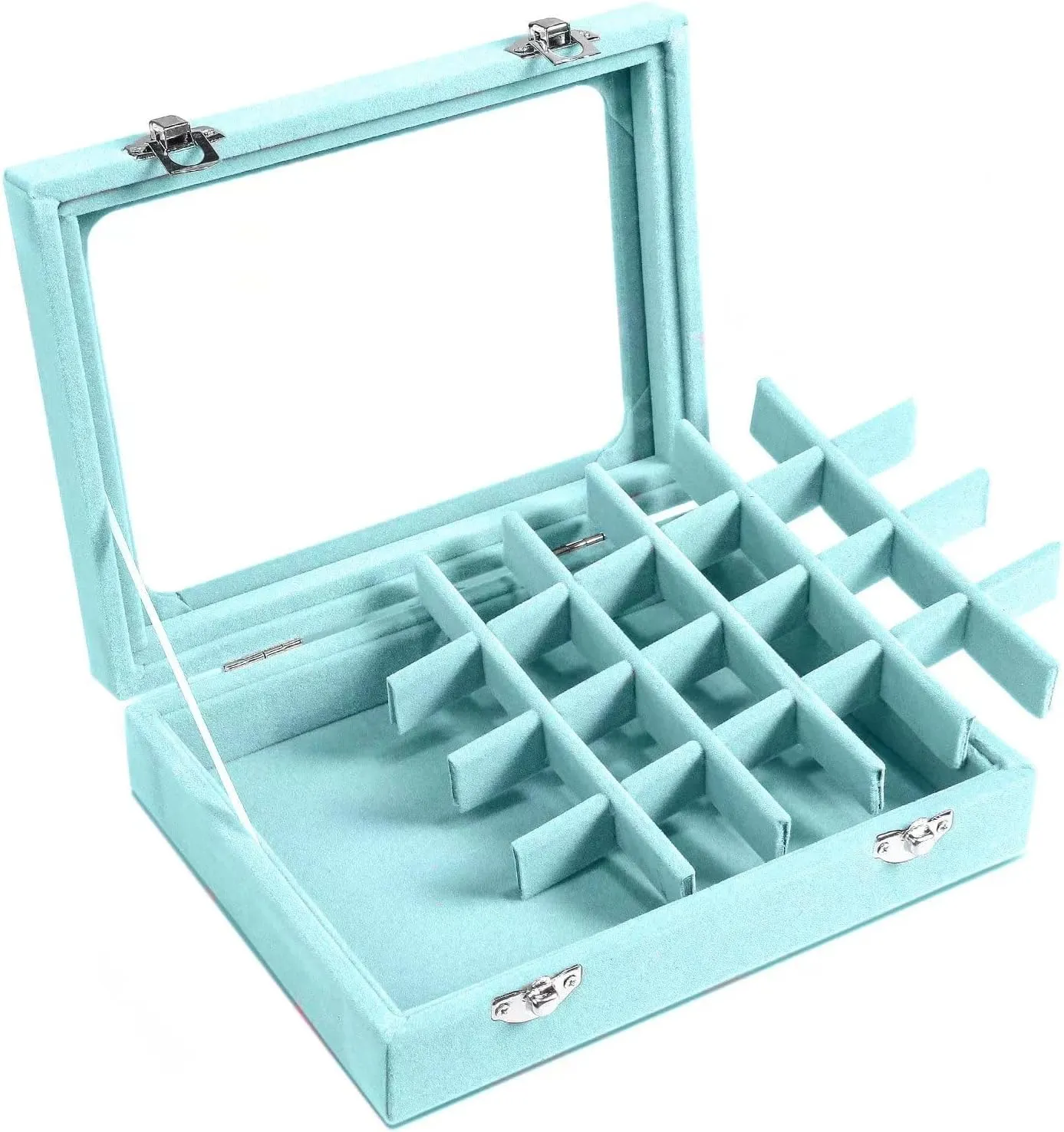 Jewelry Box 24 Grid Velvet Earrings Holder Tray Detachable Earring Case Jewelry Showcase for Drawers Glass Clear Lid Organizer Jewelry Display Storage Ring Trays (Light blue)