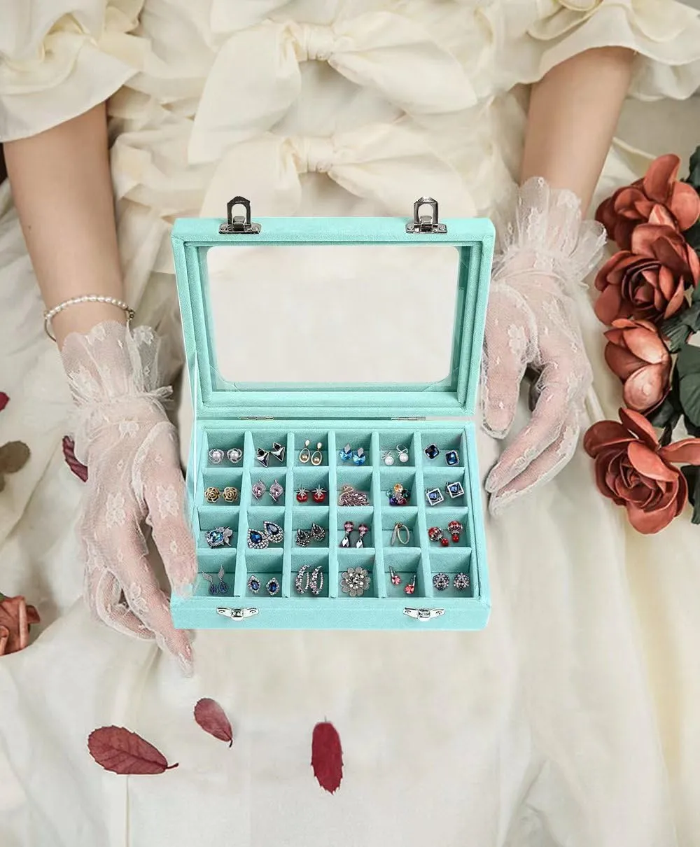 Jewelry Box 24 Grid Velvet Earrings Holder Tray Detachable Earring Case Jewelry Showcase for Drawers Glass Clear Lid Organizer Jewelry Display Storage Ring Trays (Light blue)