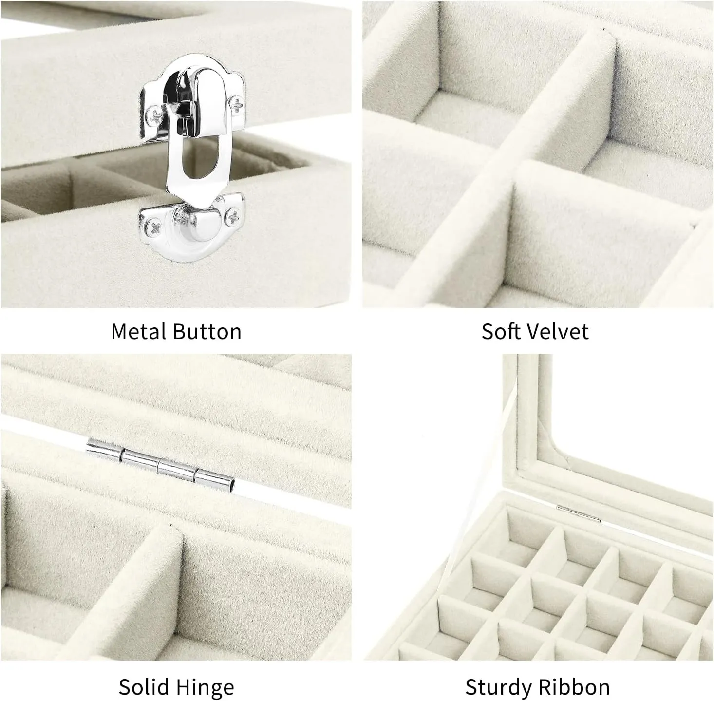 Jewelry Box 24 Grid Velvet Earrings Holder Tray Detachable Earring Ring Case Jewelry Showcase Glass Clear Lid Organizer Jewelry Display Storage Ring Trays (Beige)