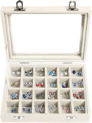 Jewelry Box 24 Grid Velvet Earrings Holder Tray Detachable Earring Ring Case Jewelry Showcase Glass Clear Lid Organizer Jewelry Display Storage Ring Trays (Beige)