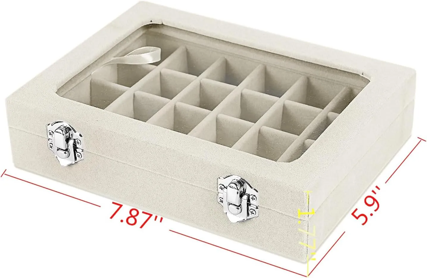 Jewelry Box 24 Grid Velvet Earrings Holder Tray Detachable Earring Ring Case Jewelry Showcase Glass Clear Lid Organizer Jewelry Display Storage Ring Trays (Beige)