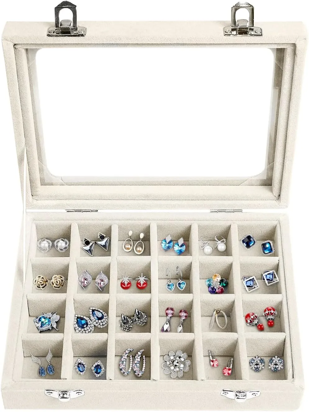 Jewelry Box 24 Grid Velvet Earrings Holder Tray Detachable Earring Ring Case Jewelry Showcase Glass Clear Lid Organizer Jewelry Display Storage Ring Trays (Beige)