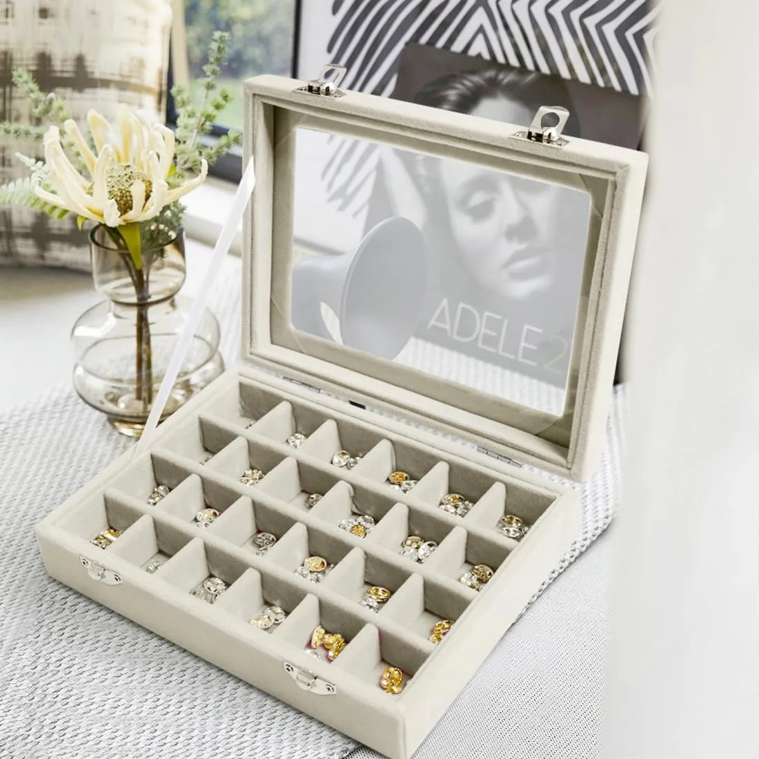 Jewelry Box 24 Grid Velvet Earrings Holder Tray Detachable Earring Ring Case Jewelry Showcase Glass Clear Lid Organizer Jewelry Display Storage Ring Trays (Beige)