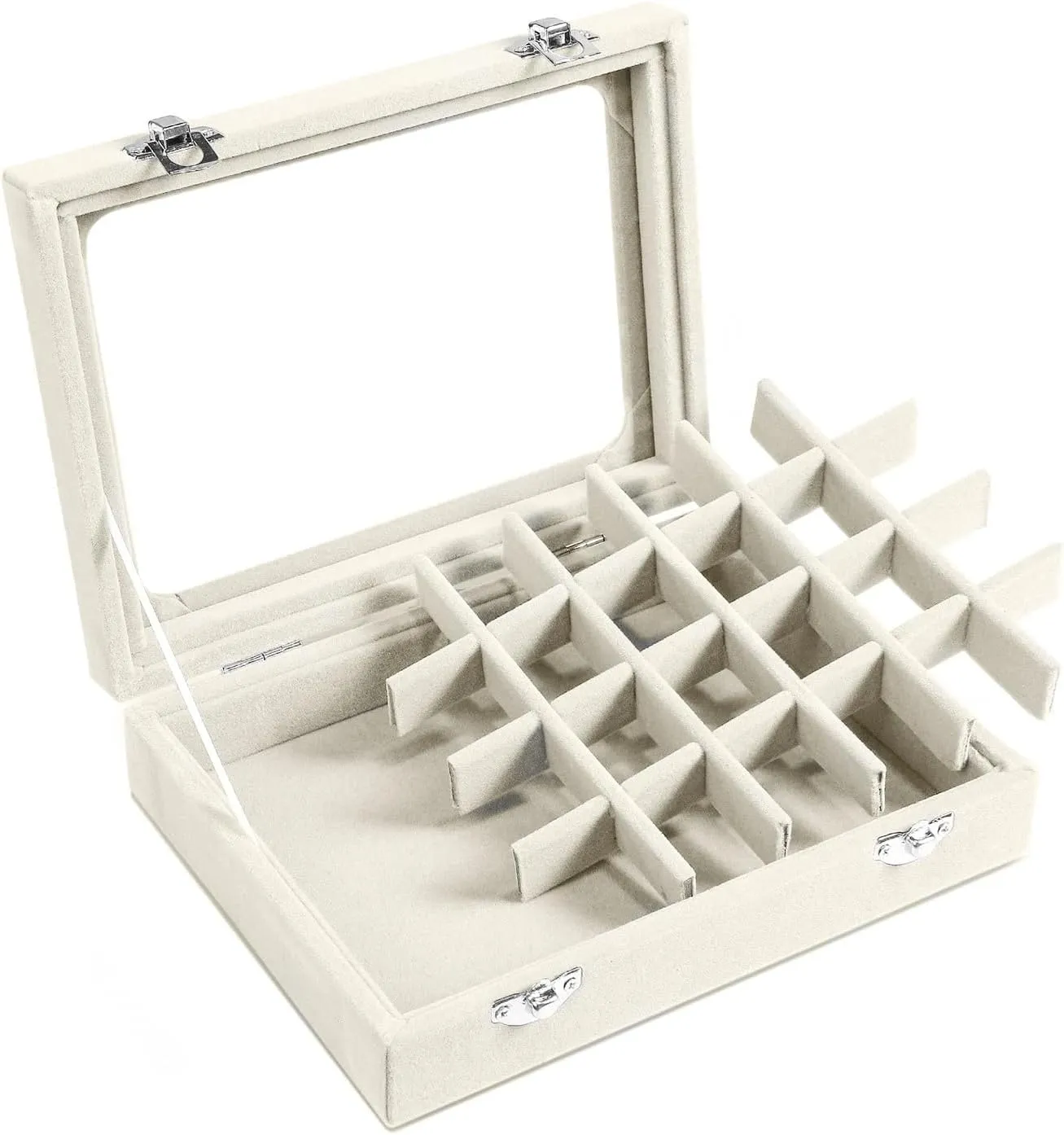 Jewelry Box 24 Grid Velvet Earrings Holder Tray Detachable Earring Ring Case Jewelry Showcase Glass Clear Lid Organizer Jewelry Display Storage Ring Trays (Beige)