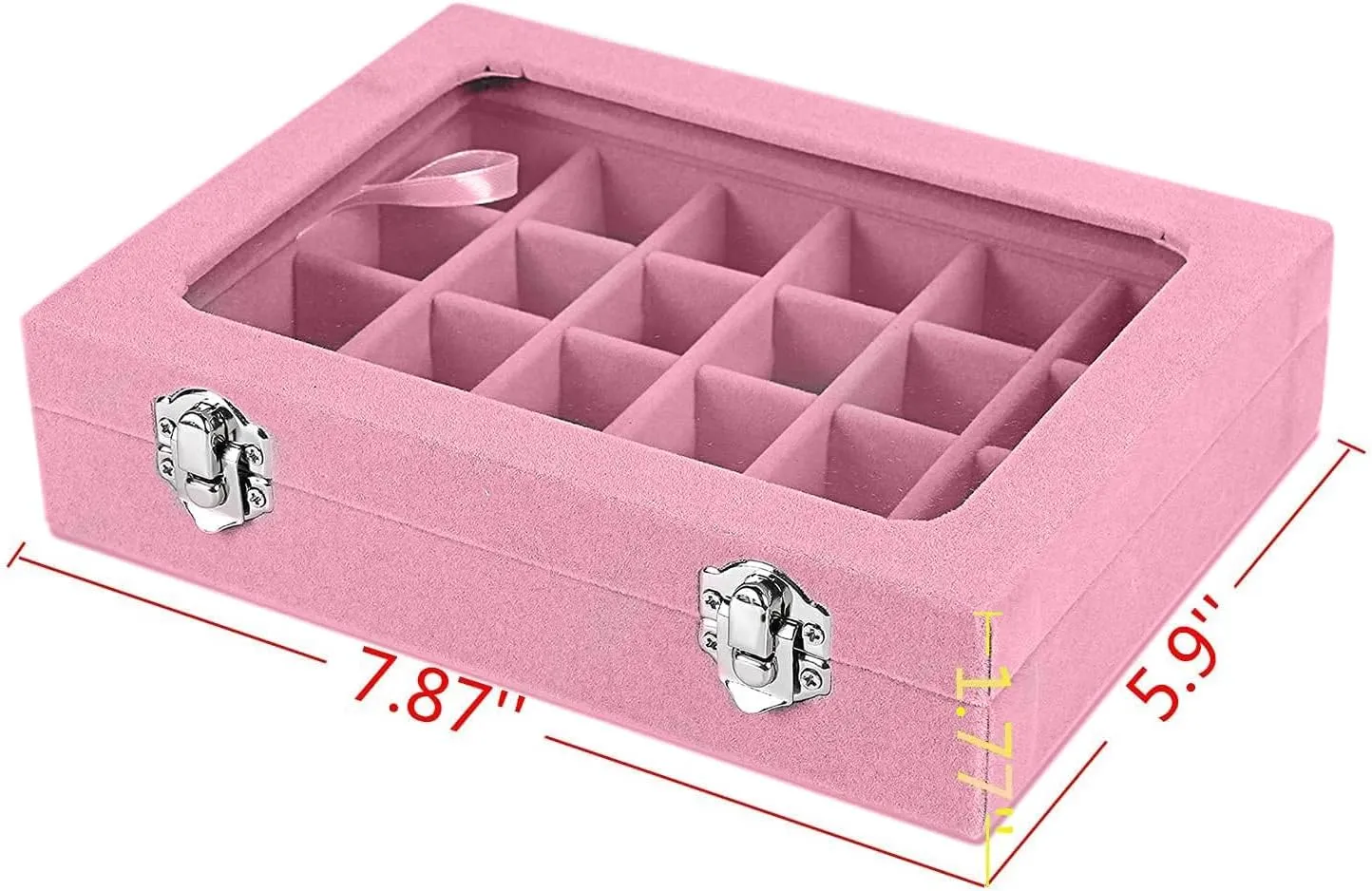 Jewelry Box 24 Grid Velvet Earrings Holder Tray Detachable Earring Ring Case Jewelry Showcase Glass Clear Lid Organizer Jewelry Display Storage Ring Trays (Light Pink)