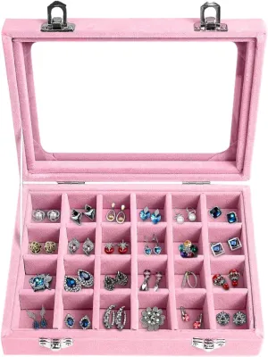 Jewelry Box 24 Grid Velvet Earrings Holder Tray Detachable Earring Ring Case Jewelry Showcase Glass Clear Lid Organizer Jewelry Display Storage Ring Trays (Light Pink)