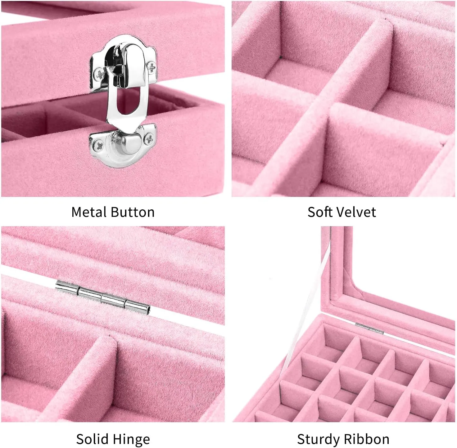 Jewelry Box 24 Grid Velvet Earrings Holder Tray Detachable Earring Ring Case Jewelry Showcase Glass Clear Lid Organizer Jewelry Display Storage Ring Trays (Light Pink)