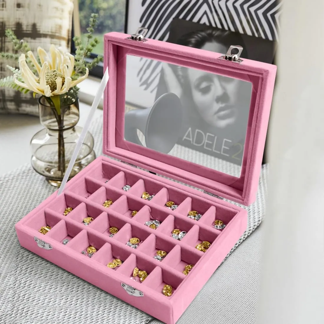 Jewelry Box 24 Grid Velvet Earrings Holder Tray Detachable Earring Ring Case Jewelry Showcase Glass Clear Lid Organizer Jewelry Display Storage Ring Trays (Light Pink)